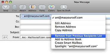 Removing email addresses from the Previous Recipients list in Mac OS X Mail