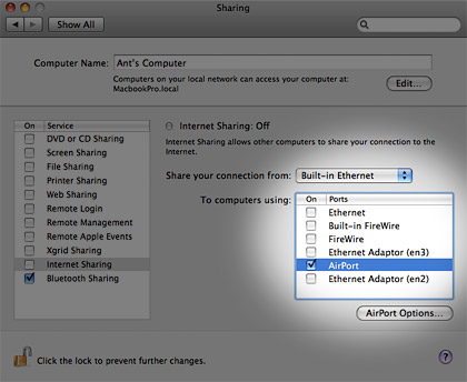 Setting up Mac OS X Internet Sharing