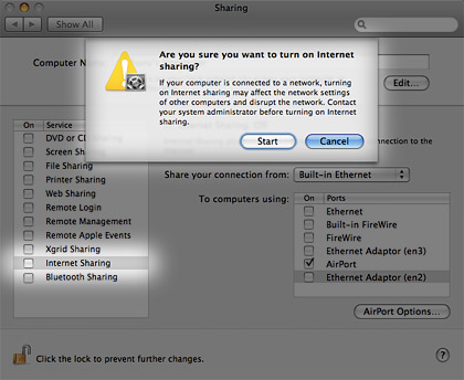 Setting up Mac OS X Internet Sharing