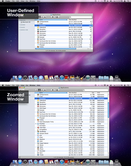 Mac OS X Zoom button in Finder Mac OS X Zoom button in Finder