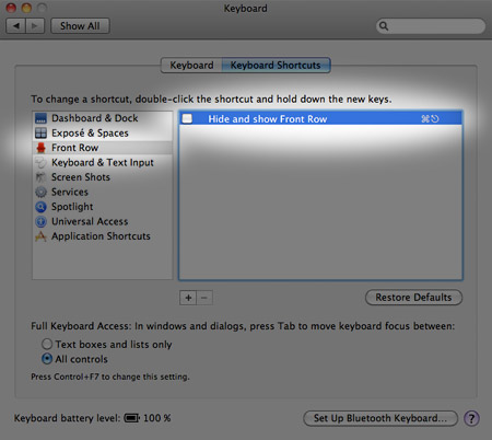 Disable Front Row Keyboard Shortcut Disable Front Row Keyboard Shortcut