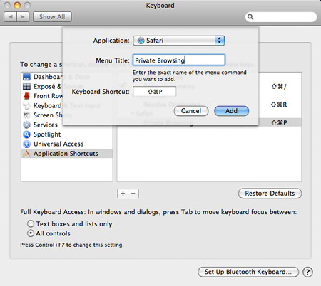 Safari Private Browsing keyboard shortcut