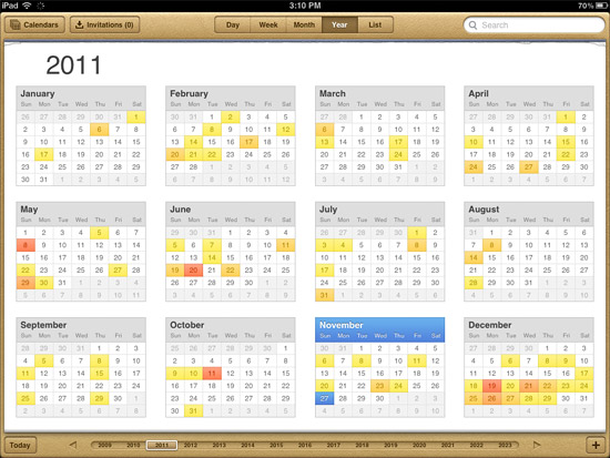 Year view in Calendar app in iOS 5 for iPad