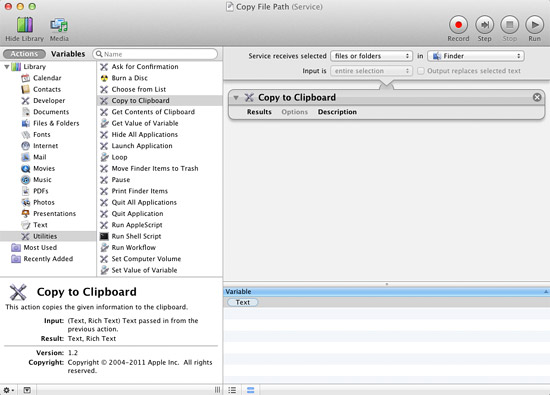 Copy folder path to clipboard in Mac OS X 10.7 Lion